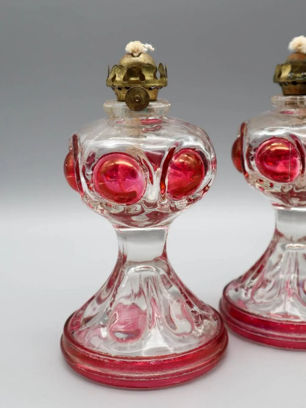 Vintage King's Crown Ruby Thumbprint / Bullseye Pressed Glass Miniature Oil Lamp